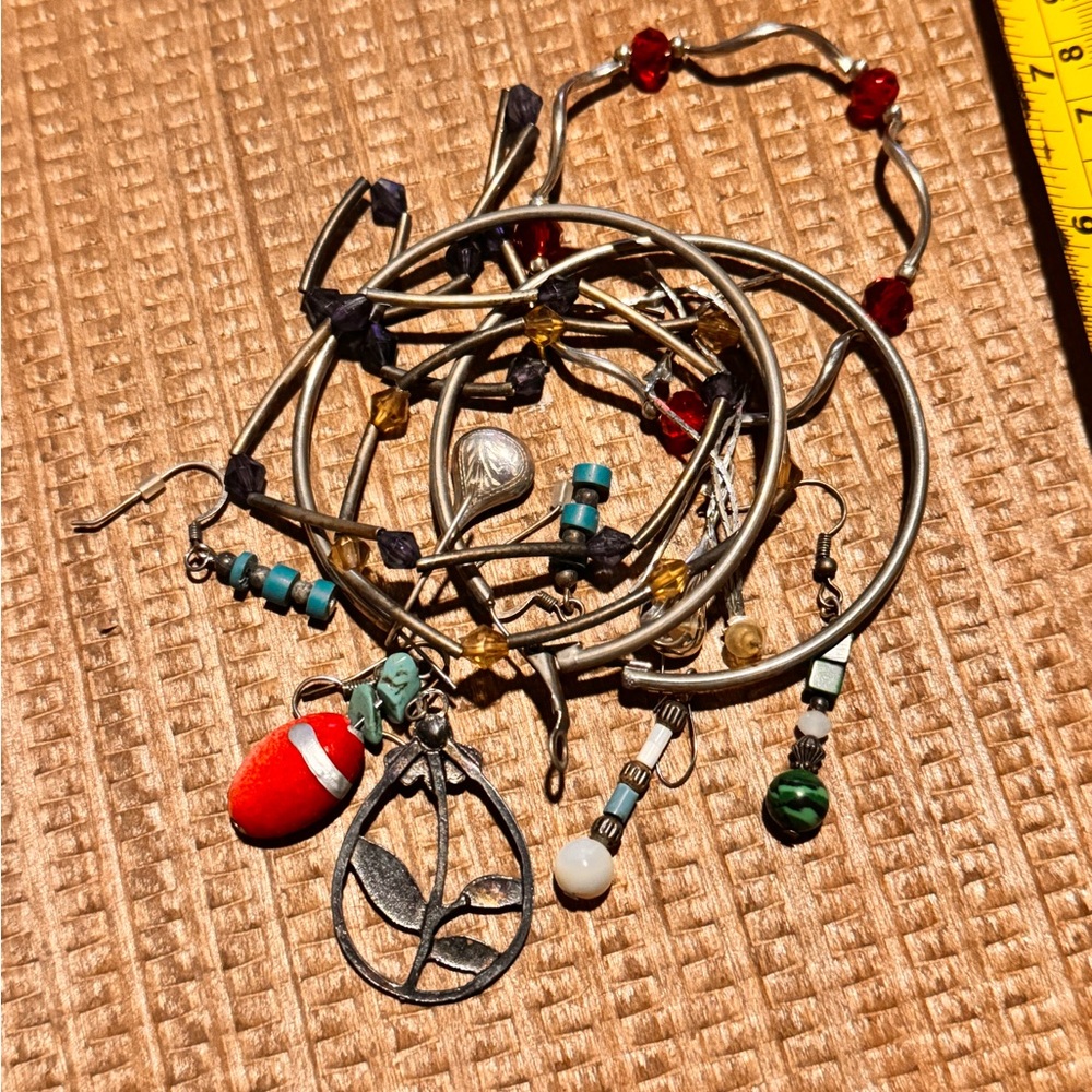 Single Sterling silver an Silver toned earring & bracelet scrap lot